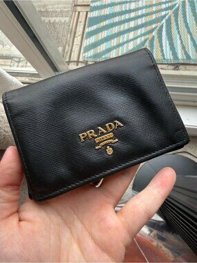 Prada Vintage Black Flap Leather Compact Card Case with Gold Logo